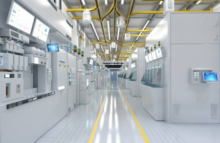 Foto de 3d rendering white futuristic semiconductor manufacturing factory or laboratory interior with machine and computer screen - Imagen libre de derechos