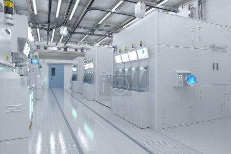 Photo for 3d rendering white futuristic semiconductor manufacturing factory or laboratory interior with machine and computer screen - Royalty Free Image
