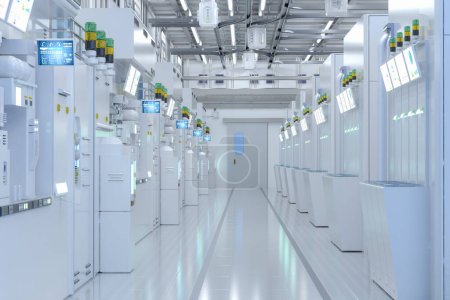 Foto de 3d rendering white futuristic semiconductor manufacturing factory or laboratory interior with machine and computer screen - Imagen libre de derechos