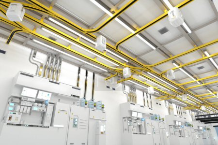 Foto de 3d rendering white futuristic semiconductor manufacturing factory with machine and computer screen - Imagen libre de derechos