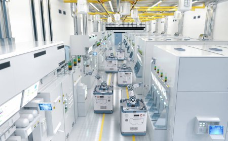 Foto de Automation semiconductor manufacturing with 3d rendering robotic arms in factory - Imagen libre de derechos
