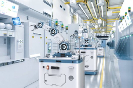 Téléchargez les photos : Automation semiconductor manufacturing with 3d rendering robotic arms in factory - en image libre de droit