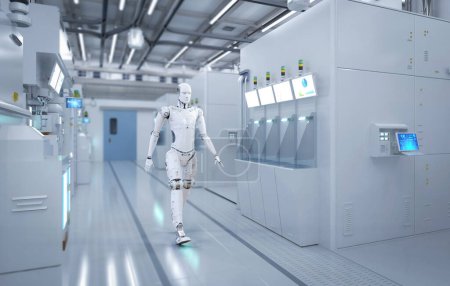Foto de Automation semiconductor manufacturing with 3d rendering robot working in semiconductor factory or laboratory - Imagen libre de derechos
