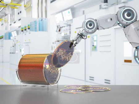 Téléchargez les photos : Fabrication de semi-conducteurs avec bras robotisés à rendu 3D avec plaquettes de silicium - en image libre de droit