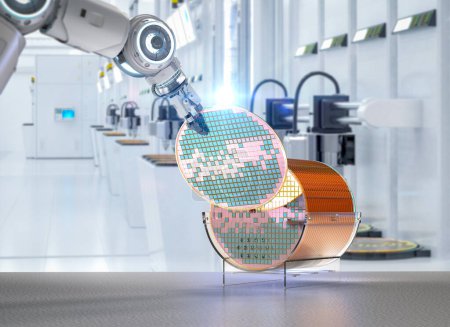 Téléchargez les photos : Fabrication de semi-conducteurs avec bras robotisés à rendu 3D avec plaquettes de silicium - en image libre de droit
