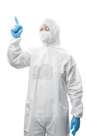 Photo for Worker wears medical protective suit or white coverall suit with mask and goggles finger point isolated on white background - Royalty Free Image