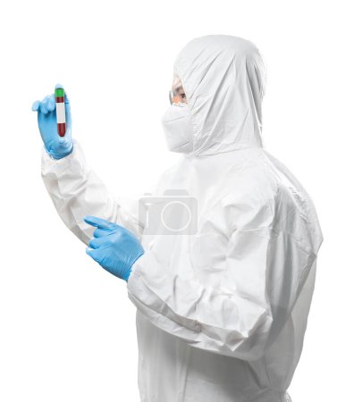 Photo for Worker wears medical protective suit or white coverall suit with test tube isolated on white - Royalty Free Image
