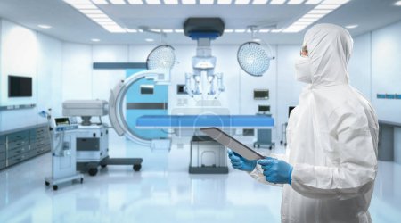 Foto de El médico usa traje de protección médica o traje de mono blanco con máquina de escaneo mri - Imagen libre de derechos