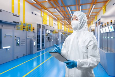 Foto de Trabajador o ingeniero usa traje protector o traje de mono blanco en fábrica de fabricación de semiconductores - Imagen libre de derechos