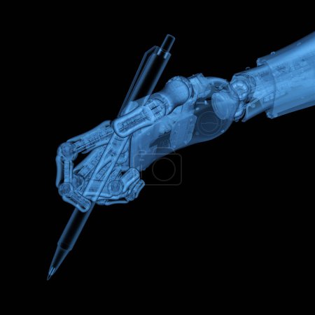 Foto de Ai art generator with 3d rendering x-ray robot writing assistant or essay generator hand hold pen isolated on black - Imagen libre de derechos