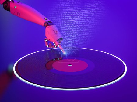 Téléchargez les photos : Compositeur ou générateur de musique Ai avec robot de rendu 3D avec disque vinyle - en image libre de droit