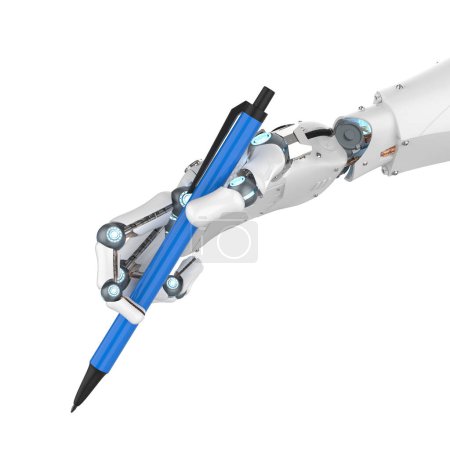 Foto de Ai art generator with 3d rendering robot writing assistant or essay generator hand hold pen - Imagen libre de derechos