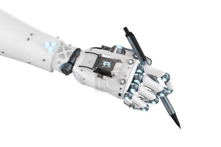 Ai-Art-Generator mit 3D-Rendering-Roboter Schreibassistent oder Essay-Generator Hand halten Stift