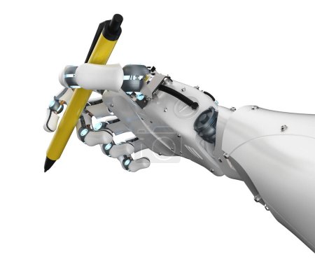 Foto de Generador de arte Ai con robot de renderizado 3d asistente de escritura o generador de ensayos pluma de mano - Imagen libre de derechos