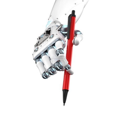 Photo for Ai art generator with 3d rendering robot writing assistant or essay generator hand hold pen - Royalty Free Image