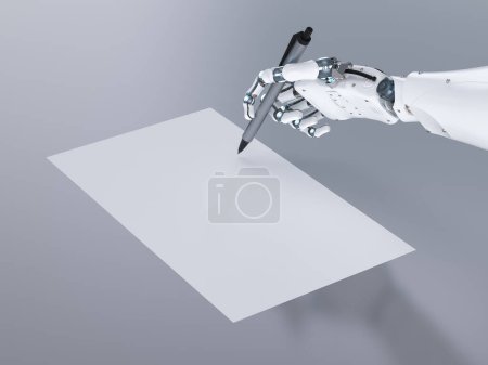 Téléchargez les photos : Ai art generator with 3d rendering robot writing assistant or essay generator hand hold pen - en image libre de droit