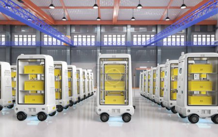 Photo for 3d rendeirng group of warehouse robots or robotic assistants deliver boxes - Royalty Free Image