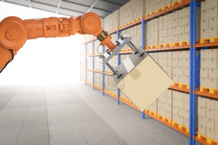 Photo for Automation factory or cargo concept with 3d rendering robotic arm carry cardboard box in warehouse - Royalty Free Image