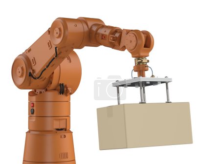 Photo for Automation factory or cargo concept with 3d rendering robotic arm carry cardboard box in warehouse - Royalty Free Image