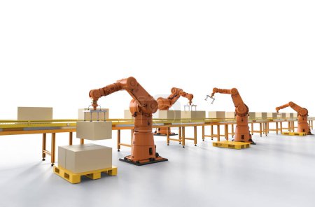 Photo for Automation factory or cargo concept with 3d rendering robot arms and warehouse robots - Royalty Free Image