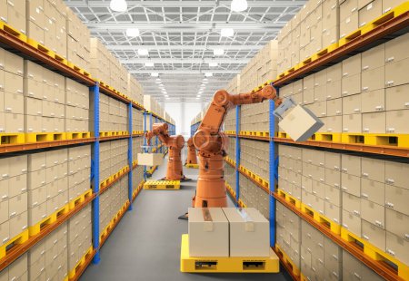 Téléchargez les photos : Concept d'usine d'automatisation ou de cargaison avec bras robotisé de rendu 3d porte boîte en carton dans l'entrepôt - en image libre de droit