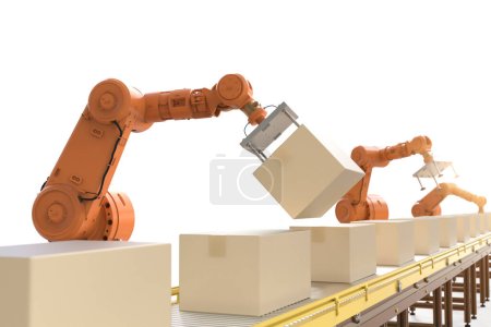 Photo for Automation factory concept with 3d rendering robot arms with boxes on conveyor line in factory - Royalty Free Image