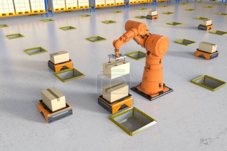 Téléchargez les photos : Concept d'usine d'automatisation ou de cargaison avec bras robotisés de rendu 3D et robots d'entrepôt - en image libre de droit