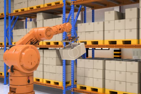 Foto de Fábrica de automatización o concepto de carga con 3D renderizado brazo robótico llevar caja de cartón en el almacén - Imagen libre de derechos