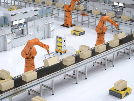 Foto de Fábrica de automatización o concepto de carga con brazos de robot de renderizado 3D y robots de almacén - Imagen libre de derechos