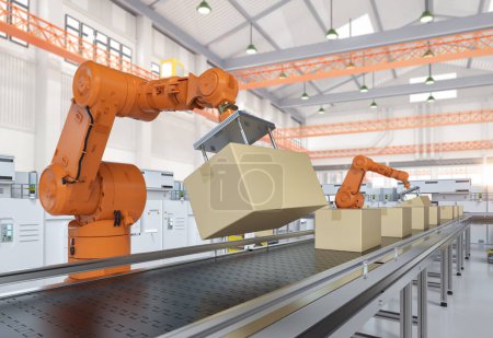 Foto de Concepto de fábrica de automatización con brazos robóticos de renderizado 3D con cajas en línea transportadora en fábrica - Imagen libre de derechos