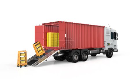 Foto de 3d representación logística camión remolque o camión con robots cajas de cartón de carga - Imagen libre de derechos