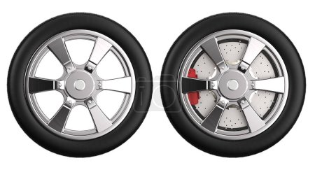 Foto de 3d renderizado neumático negro con rueda metálica aislada en blanco - Imagen libre de derechos