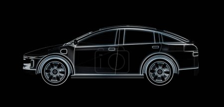 Foto de 3d representación contorno ev coche o vehículo eléctrico de rayos X sobre fondo negro - Imagen libre de derechos