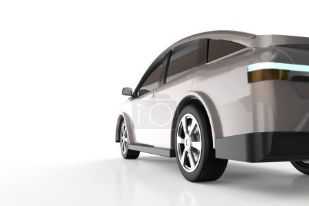 Foto de 3d renderizado vista trasera metálico ev coche o vehículo eléctrico sobre fondo blanco - Imagen libre de derechos