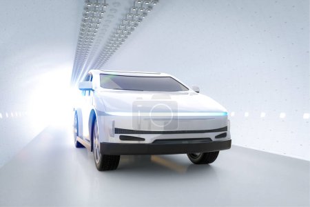 Foto de 3d renderizado ev coche o vehículo eléctrico en garaje - Imagen libre de derechos