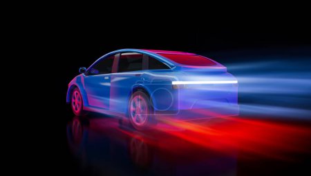 Téléchargez les photos : 3d rendant ev voiture ou lecteur de mouvement de véhicule électrique sur fond néon - en image libre de droit