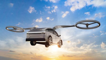 Téléchargez les photos : 3d rendant blanc électrique voiture volante ou ev voiture drone dans le ciel bleu - en image libre de droit
