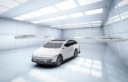 Foto de 3d renderizado coche volador eléctrico blanco o drone de coche ev en el garaje - Imagen libre de derechos