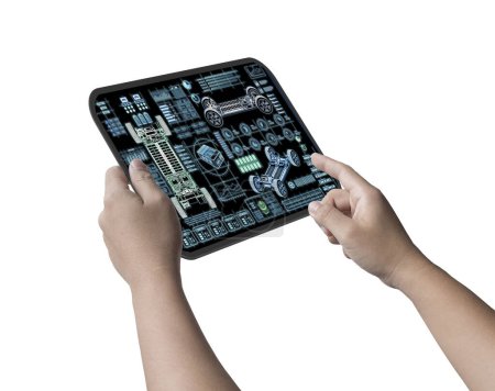 Téléchargez les photos : Ingénieur ou technicien tenir tablette numérique de rendu 3d avec interface utilisateur de voiture électrique ou affichage graphique numérique - en image libre de droit