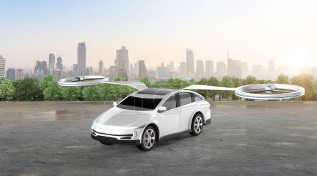 Photo for 3d rendering white electric flying car or ev car drone in city - Royalty Free Image