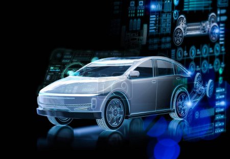 3d rendering ev car or electric vehicle with digital graphic interface