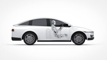 Téléchargez les photos : Voiture sans conducteur ou voiture autonome avec rendu 3d voiture ev blanche ou véhicule électrique avec cyborg - en image libre de droit