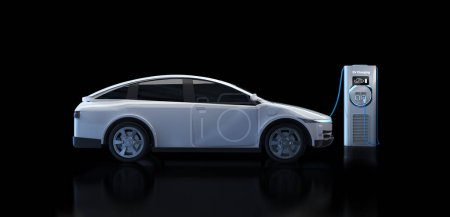 Foto de 3d renderizado blanco ev coche o vehículo eléctrico enchufe con estación de recarga sobre fondo negro - Imagen libre de derechos
