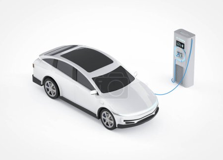Foto de 3d renderizado blanco ev coche o vehículo eléctrico enchufe con estación de recarga sobre fondo blanco - Imagen libre de derechos