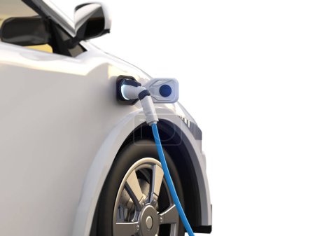 Foto de 3d renderizado blanco ev coche o vehículo eléctrico enchufe con estación de recarga sobre fondo blanco - Imagen libre de derechos