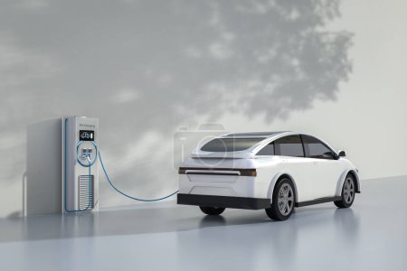 Foto de 3d renderizado blanco ev coche o vehículo eléctrico enchufe con la estación de recarga en casa - Imagen libre de derechos