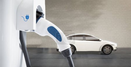 Foto de 3d renderizado blanco ev coche o vehículo eléctrico enchufe con la estación de recarga en casa - Imagen libre de derechos