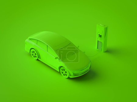 Foto de 3d renderizado verde ev coche o vehículo eléctrico recarga en la estación - Imagen libre de derechos