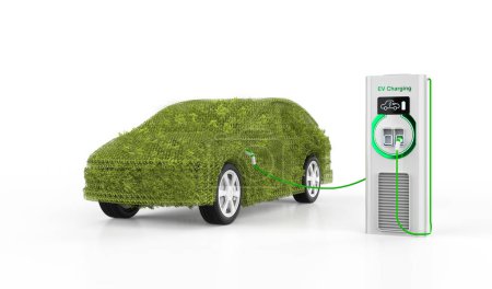 Foto de 3d renderizado verde ev coche o vehículo eléctrico de hierba frondosa recarga en la estación sobre fondo blanco - Imagen libre de derechos