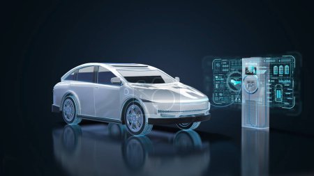 Foto de 3d renderizado ev coche o vehículo eléctrico enchufe con pantalla de la estación de recarga con interfaz gráfica digital - Imagen libre de derechos